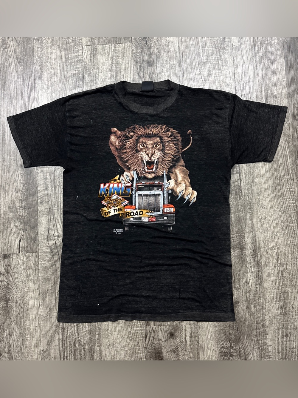 Vintage 80s 3D Emblem Truckers Only King Of The Road Lion Biker Thin T Shirt